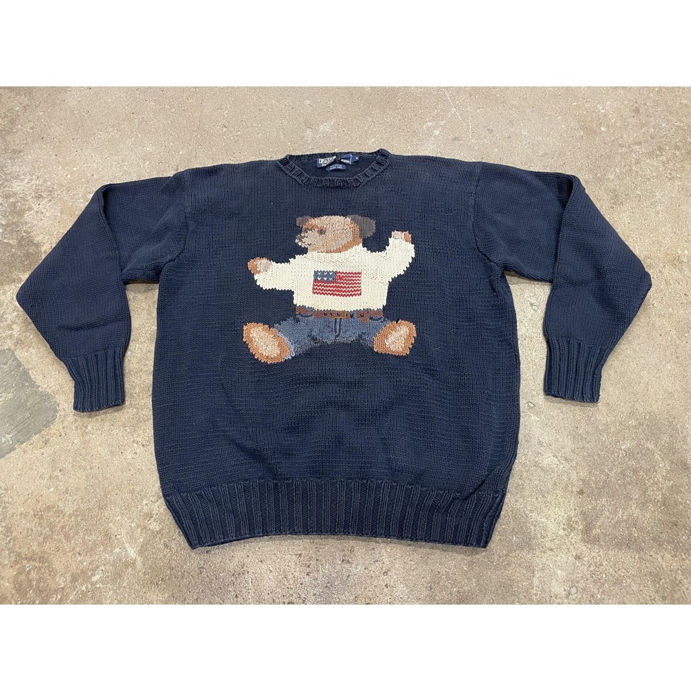 Vintage Polo Ralph Lauren Sweater Mens XL Blue Hand Knit Polo Bear Flag Pullover